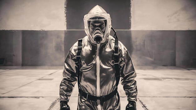 Man in hazmat suit with copy space