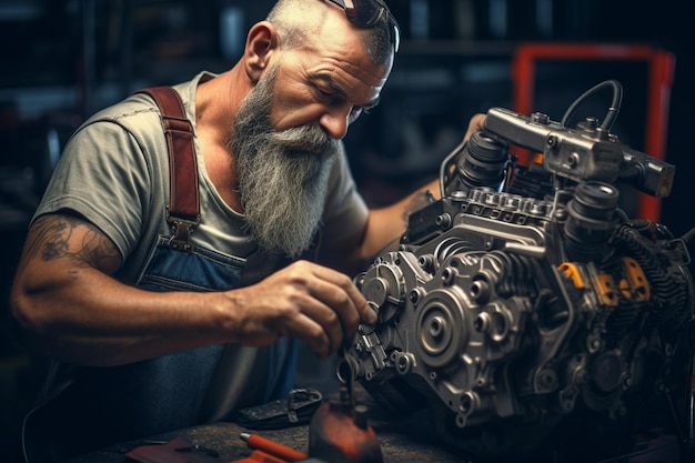 Photo man he skillfully repaired the engine of his vintage car in the garage