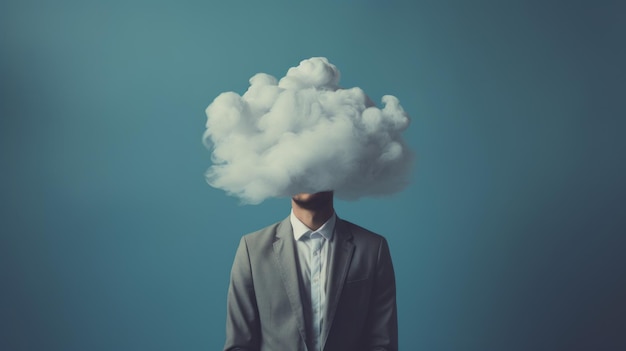 Man head in clouds depression and fatigue at work Man with cloud over his head depicting solitude and depression