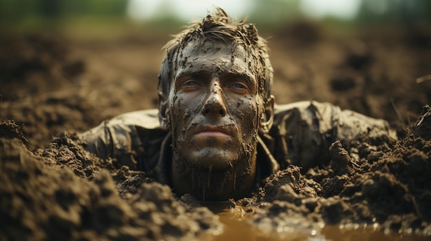 Man head on mud soil