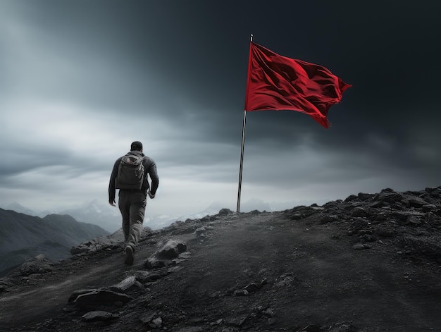 A man heading to mountain top where there is a red flag on top