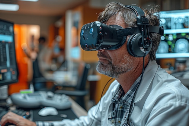 Photo man in headset using computer