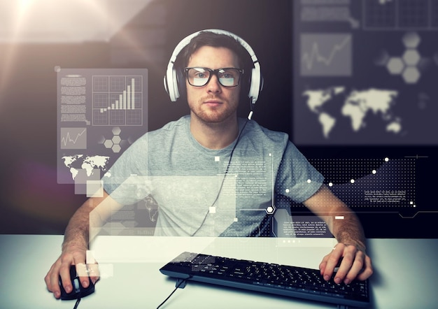 Photo man in headset with computer over virtual screens