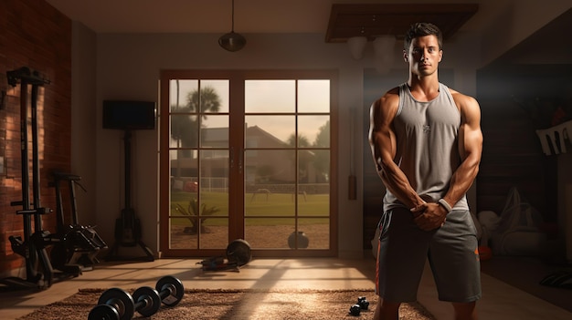 男の健康活動ハウス スポーツ トレーニング屋内ホーム ライフ スタイル大人の健康的な自宅での運動のイメージ テキスト用のスペースをコピーします。
