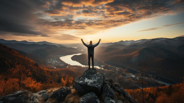 Foto man heft een hand en slaat de lucht op de bergtop met zonsondergang op de achtergrond zonder gezicht naar achteren