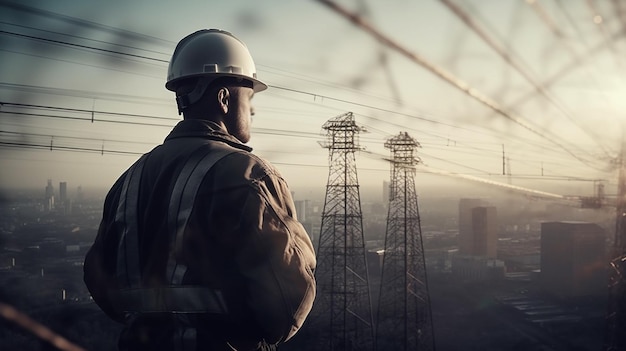 A man in a helmet at the electric towers Generative AI