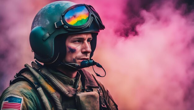 a man in a helmet and goggles is wearing a helmet and a purple smoke behind him