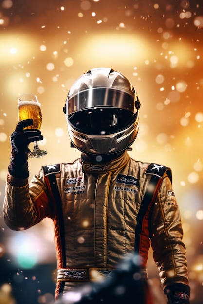 A man in a helmet and helmet holds a glass of beer.