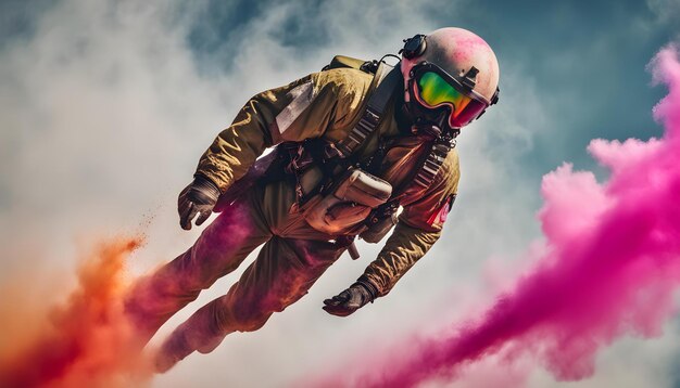 Photo a man in a helmet is flying a purple smoke with the words  goggles  on it