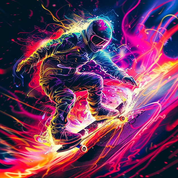 a man in a helmet is riding a snowboard in a purple and red graphic
