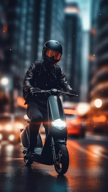 Мужчина в шлеме едет на скутере на высокой скорости Генеративный ИИ