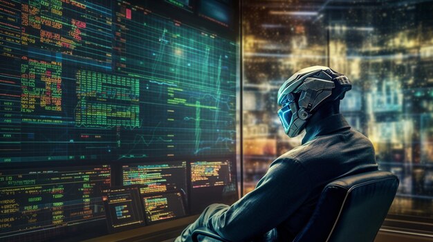 A man in a helmet sits in front of a computer screen that says robot on it.