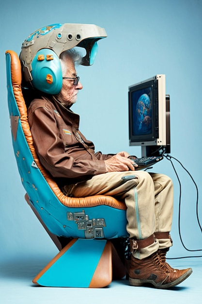A man in helmet and sitting chair with laptop generative ai