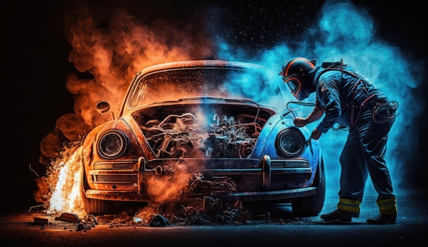 A man in a helmet stands in front of a car with a fire in the background.