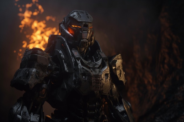 A man in a helmet stands in front of a fire with the words halo on the face.