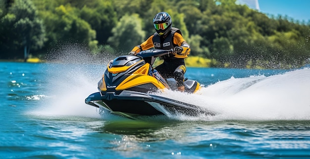 Foto un uomo con un casco e una tuta da bagno guida uno jet ski sull'acqua sullo sfondo degli alberi