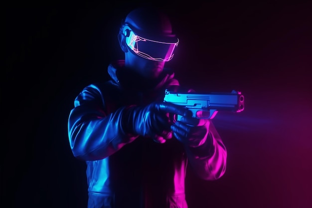 A man in a helmet with a gun in front of a neon light