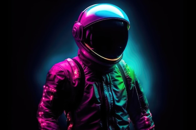 A man in a helmet with a neon sign