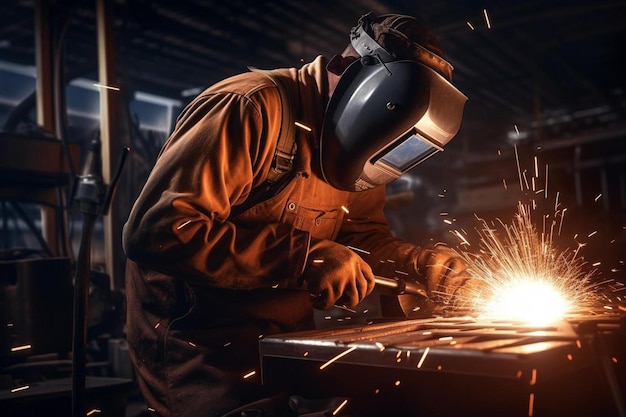 Photo a man in a helmet with a sparks in his face