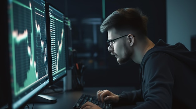 a man highlighting the stock market on a computer screen