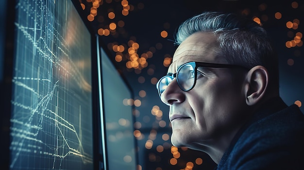 a man highlighting the stock market on a computer screen