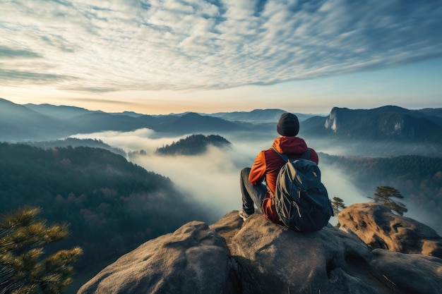 Man hiker sit on edge of cliff and watch over misty valley to Sun Man sitting on a cliff edge alone enjoying the aerial view of backpacking lifestyle travel adventure outdoor AI Generated