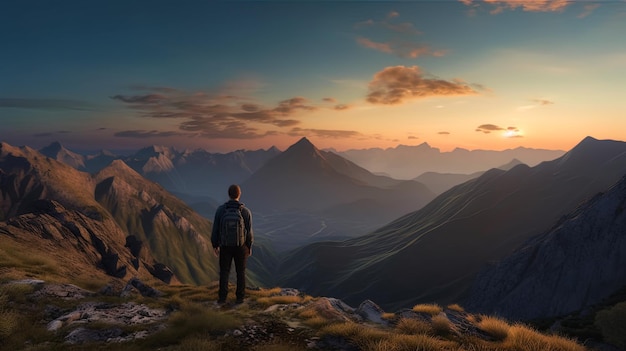 Man hiker stands on mountain top and looks at landscape at sunset generative AI