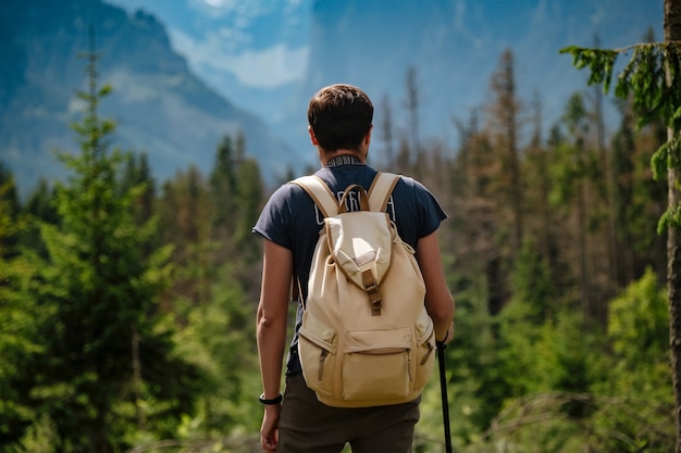 写真 重いバックパックで山でハイキングする男