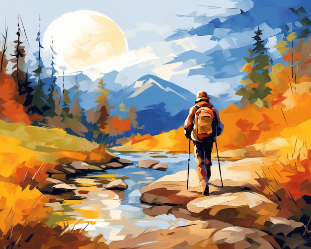 Man hiking in autumn mountain landscape with river