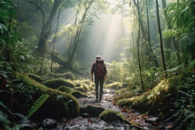 Man Hiking in the Morning Deciduous Forest