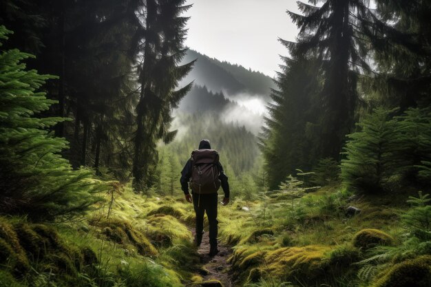 Man Hiking in the Morning Deciduous Forest