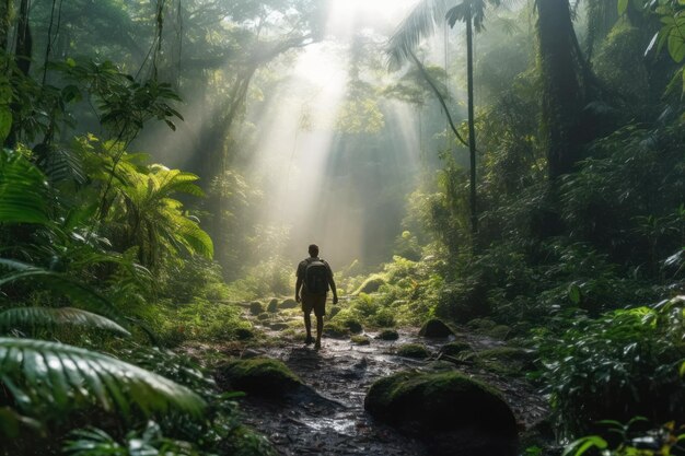 Man Hiking in the Morning Deciduous Forest