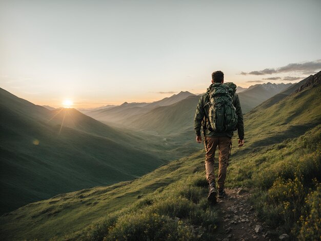 Man hiking in mountains at sunset