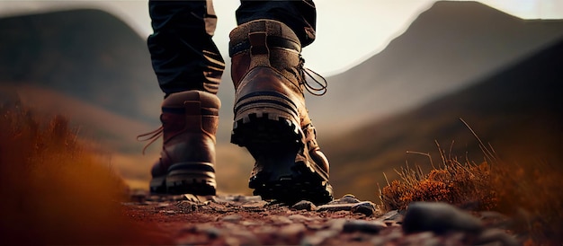 Man hiking up mountain trail closeup focus on mens hiking boot Generative Ai