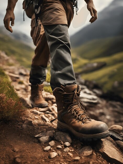 Photo man hiking up a mountain trail with a closeup of his leather hiking boots the hiker shown in motio