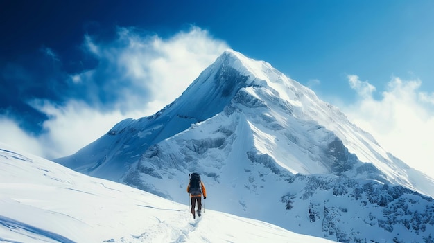 Man hiking up snow covered mountain