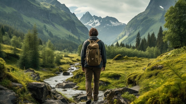 a man hiking in the wilderness