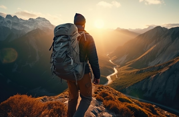 man hiking with backpack against beautiful mountain scene with mountain range