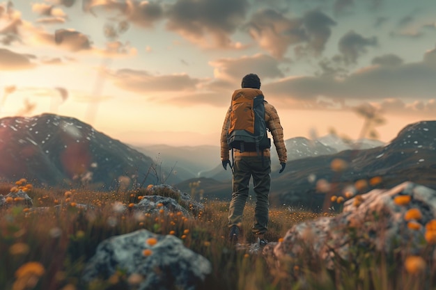 Photo a man hiking with a backpack in the wilderness oct