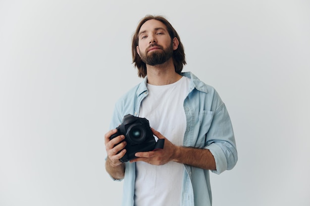 Man hipster-fotograaf in een studio tegen een witte achtergrond die een professionele camera vasthoudt en deze instelt voordat hij Lifestyle-werk als freelance fotograaf fotografeert