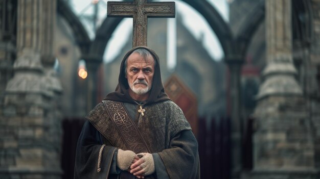 A man in his 50s holding a cross