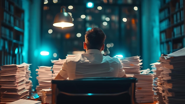 man on his back in office with mountains of papers