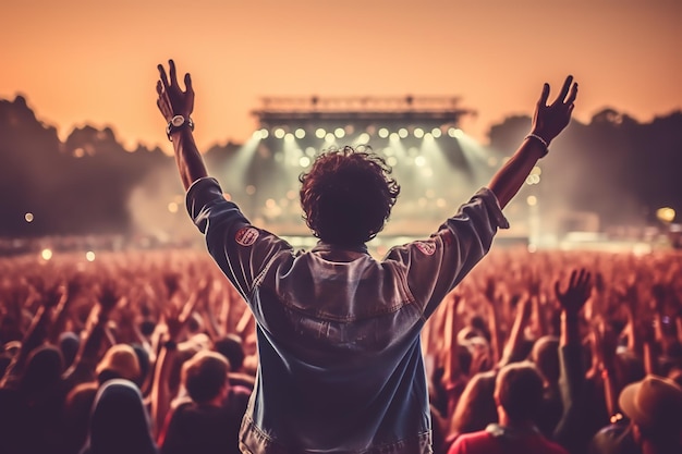 Man on his back with his arms raised enjoying a concert among the public of a music festival