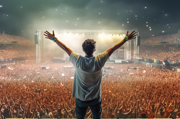 Man on his back with his arms raised enjoying a concert among the public of a music festival