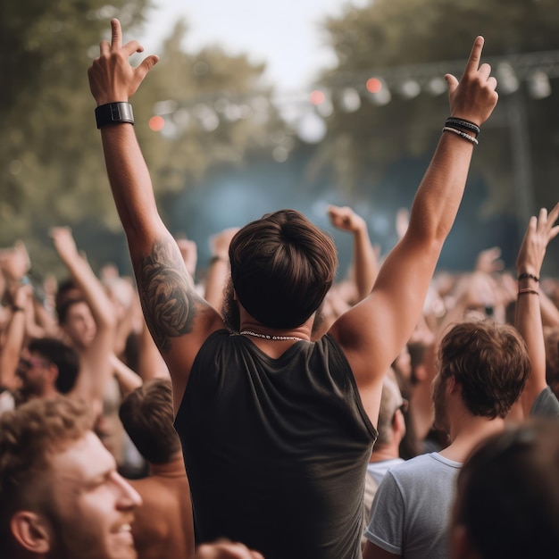 Man on his back with his arms raised enjoying a concert