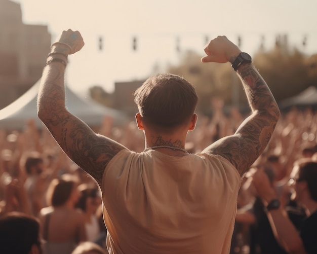 Man on his back with his arms raised enjoying a concert