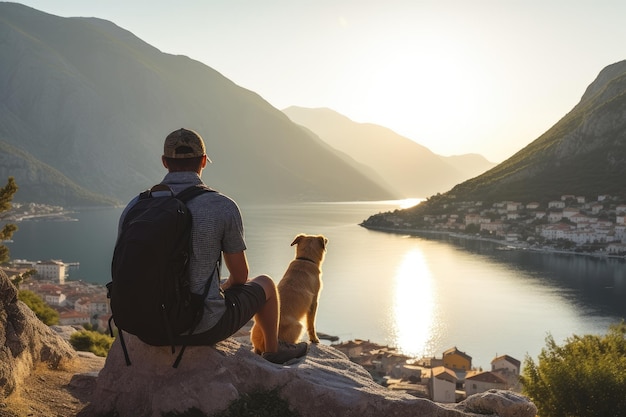 人間と愛する犬が山の頂上に立っている 創造的な人工知能