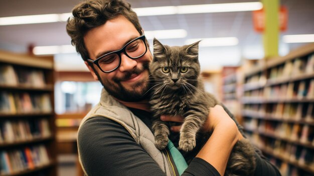 Photo a man and his cat joining petfriendly local background