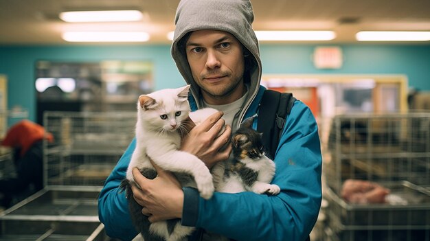 Photo a man and his cat volunteering at local background