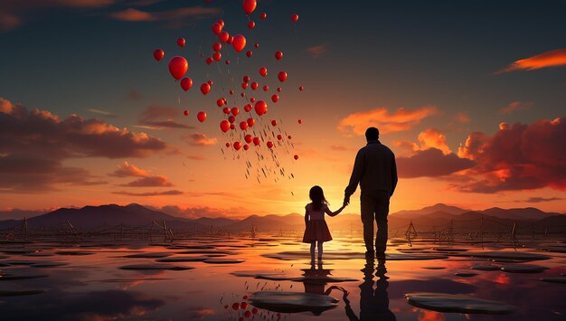 Foto un uomo e sua figlia che tengono un pallone blu durante il tramonto